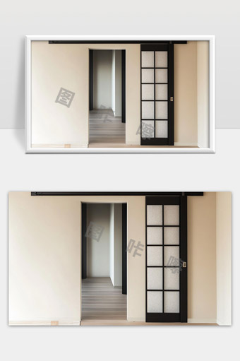 现代简约风格黑色格子推拉门与明亮室内走廊设计