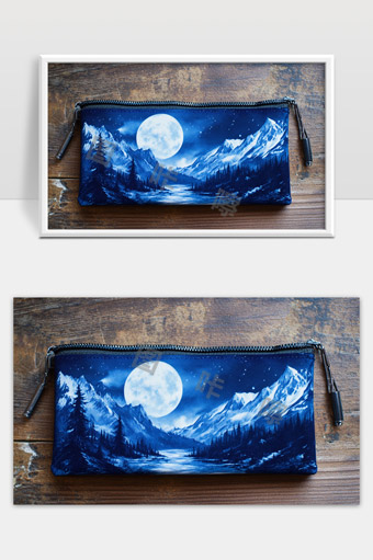 青色山水夜景印花笔袋月光下的静谧自然风景