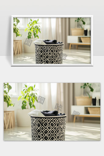 阳光照射下整洁客厅中的几何图案收纳篮