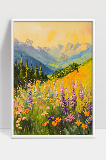 阳光照耀下的高山野花绚丽春日风景油画