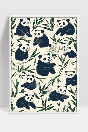 可爱卡通大熊猫和竹叶背景手绘图案设计