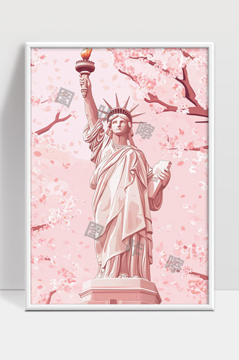 樱花环绕下的自由女神像春天景象