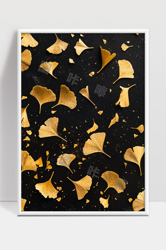 银杏树叶秋天黄金落叶散落黑色背景