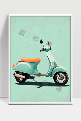 复古风格淡绿色电动踏板摩托车插画艺术