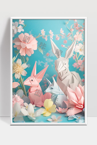 精美折纸兔子与春天绽放的花朵艺术作品