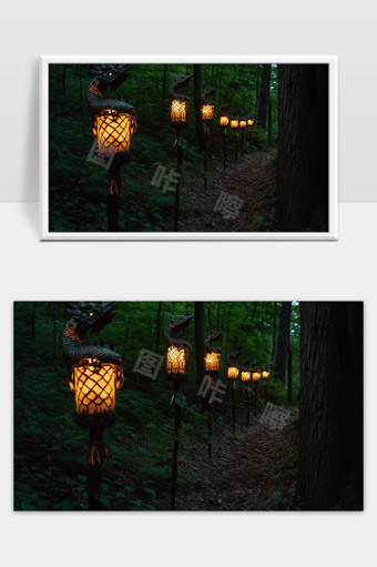 森林中龙形灯笼照亮幽静小径夜晚神秘氛围