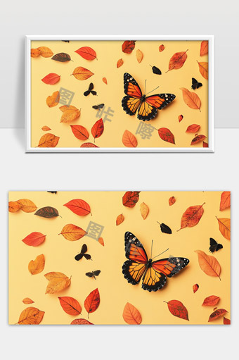 秋天落叶与色彩斑斓蝶舞自然唯美景象