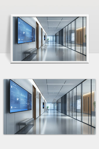 现代科技感办公楼走廊未来智能显示屏设计风格