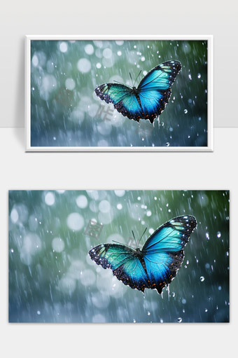 蓝色蝴蝶雨中翩翩起舞自然唯美画面