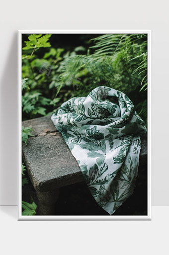 绿色植物图案丝巾静放于户外石凳清新自然风景