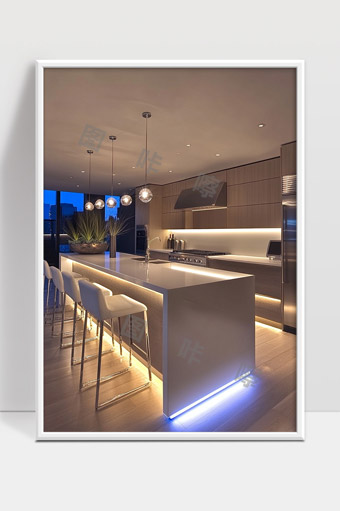 现代简约风格高级感开放式厨房设计效果图