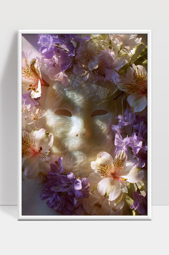 花海中的神秘面具与柔和光影交织之美