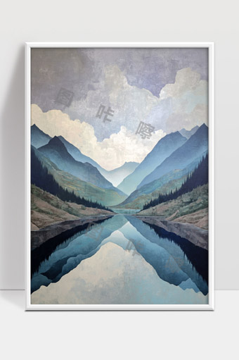 宁静山谷湖水倒映蓝天白云自然风光画作