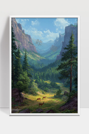 壮丽山谷中的宁静森林与野生麋鹿之景