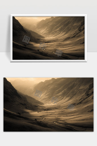 宁静山谷晨光映照的蜿蜒溪流自然风光