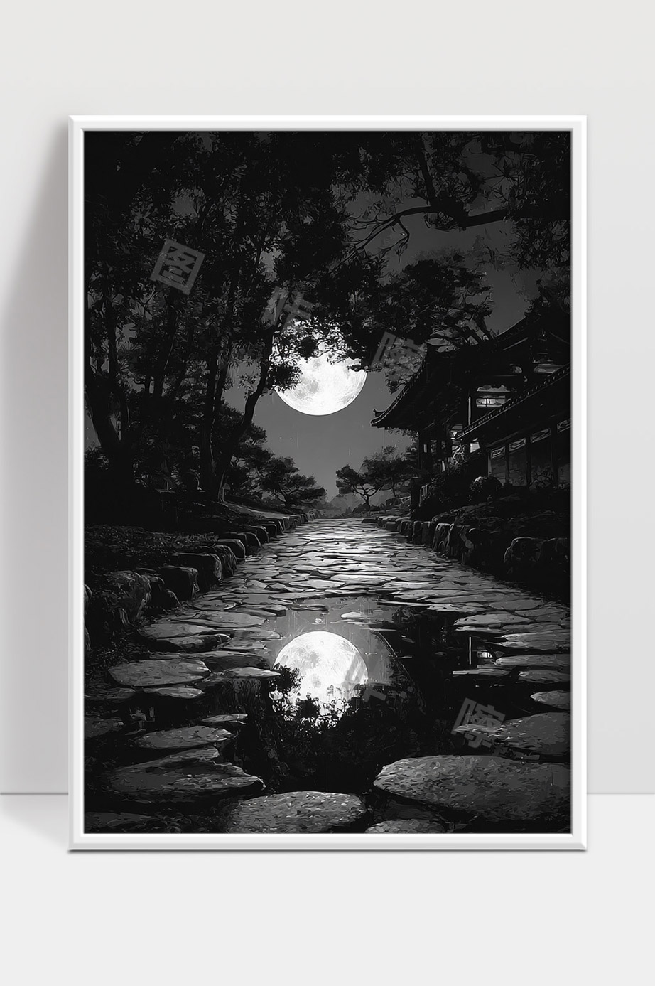 月光下古道流水映照中秋夜景静谧