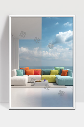 现代极简海景客厅彩色拼接布艺沙发设计