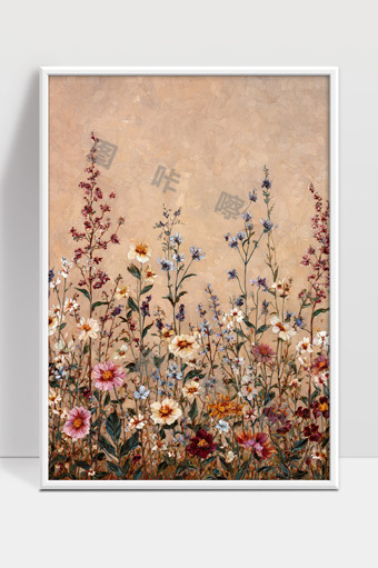 温暖色调的手绘野花盛开自然壁画艺术