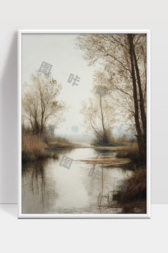 秋季雾霭河边水面树林宁静自然风光