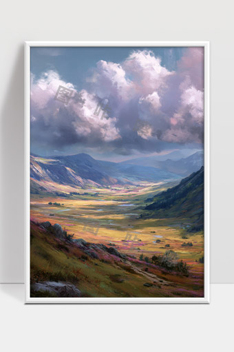 宁静山谷的广阔风光与蓝天白云景色