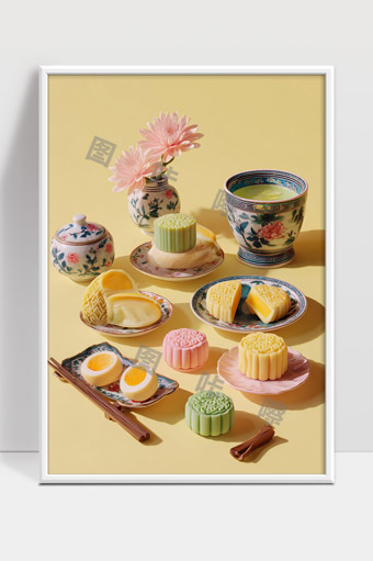 中秋传统美食月饼与花瓶茶具的唯美摆盘