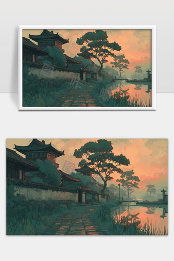 古风江南水乡夕阳余晖下的古建筑与湖畔景色