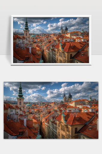 欧洲古城红屋顶钟楼教堂建筑风光