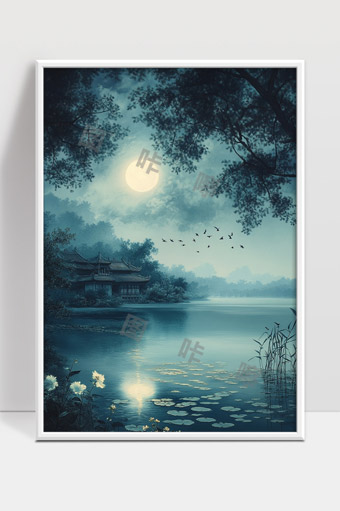 月光映照江南水乡古寺夜景宁静祥和