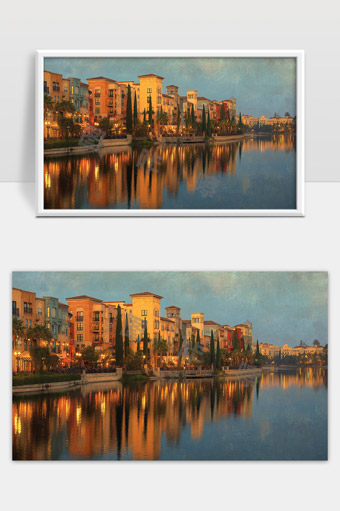 夕阳映照湖边欧式建筑温馨宁静景色