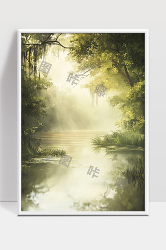 静谧森林溪流晨光洒落自然美景山水画面