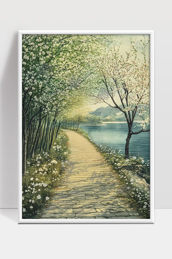 春日湖边花海小径宁静自然风光描绘