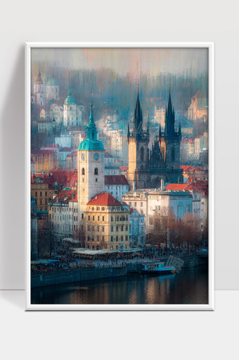 梦幻色彩中的欧洲古城钟楼与教堂风景画