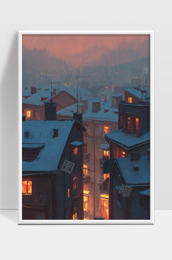 冬季黄昏雪夜中温暖灯火点亮城市街景