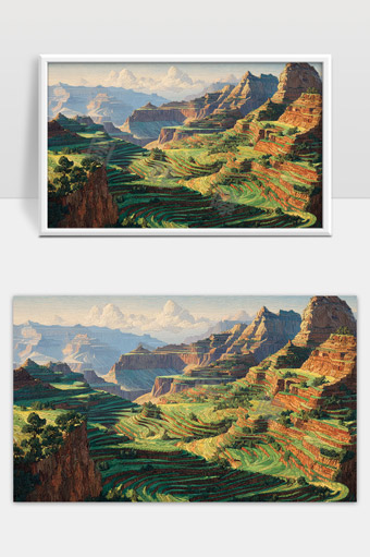 壮丽山谷中的梯田风光如画自然山水美景