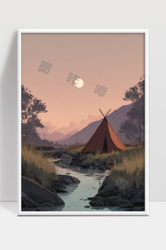 静谧山谷溪流旁的帐篷暮色宁静自然风光