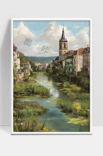 欧洲古镇河道风光教堂钟楼和传统建筑景色