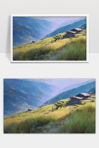 美丽山谷中的梯田和农舍风光画