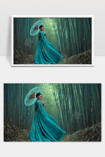 青竹林中古风女子手持油纸伞飘逸长裙美景