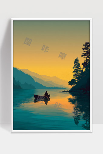 宁静湖面上的独木舟与山水夕阳美景