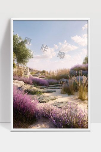 梦幻紫色花海中的石阶小径与蓝天白云