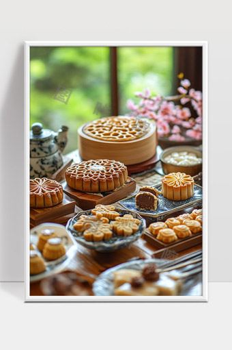 传统中秋月饼美食展示古风茶具和谐美景