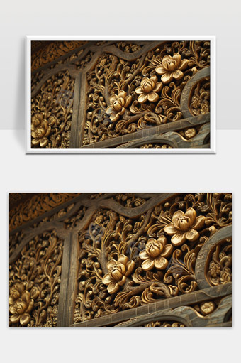 精美雕刻金色花卉图案古典木质工艺品展示