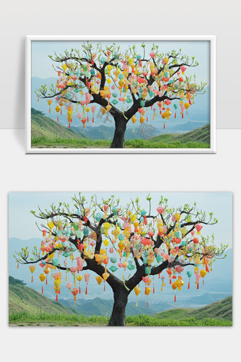 装饰彩灯点缀美丽山间树木温馨节日气氛