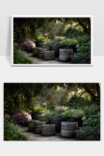 幽静花园中的古树绿植与石砾小径