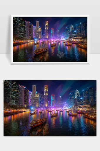 现代都市夜景灯光秀繁华港口船只倒影美丽夜晚