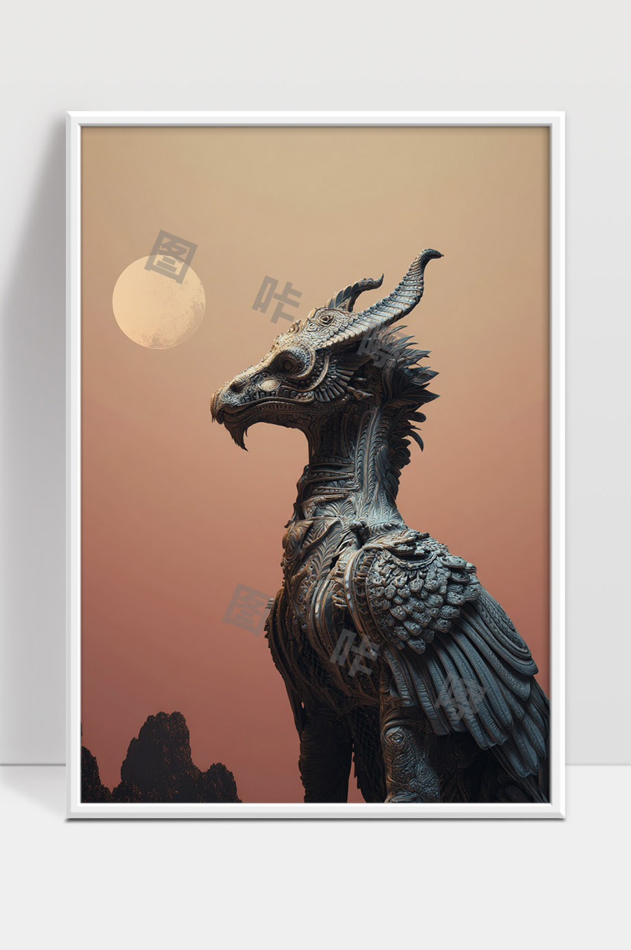 古代神话风格神秘机械龙雕塑与夕阳背景