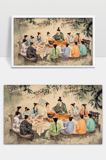 古代庭院家人团聚共庆佳节赏秋美景图