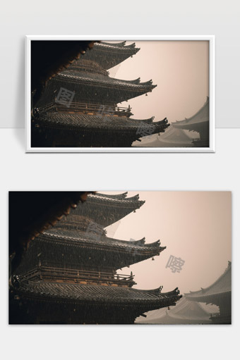 古代建筑屋檐细节雨中景色东方传统风格