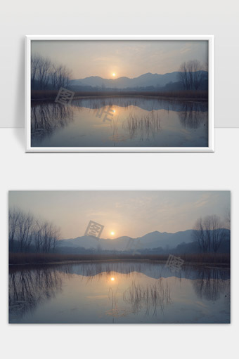 静谧湖畔初晨日出与远山倒影自然风光
