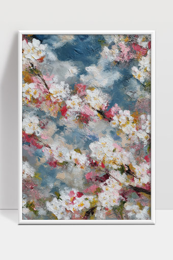 春天盛开的樱花枝头油画质感写意作品